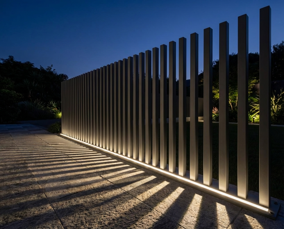 Aluminium-Zaun in stimmungsvoller Abendbeleuchtung